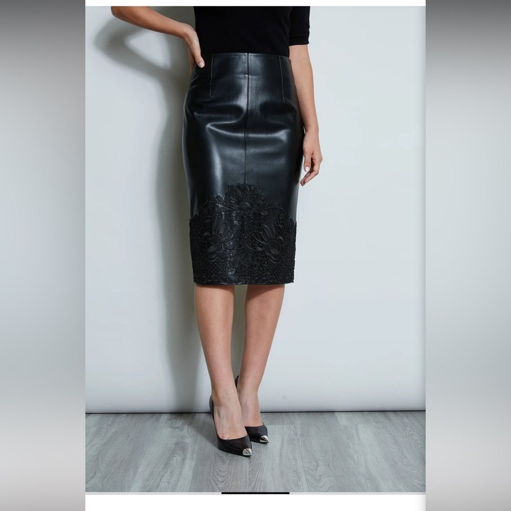 Elie Tahari Vegan Leather Applique Lace Skirt